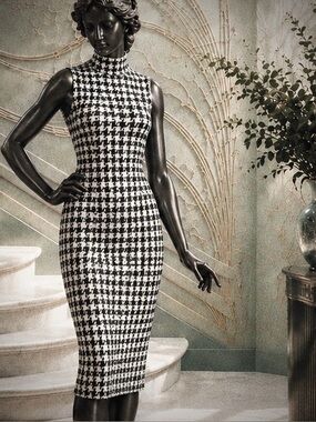 3/$15 SHEIN Black and White Houndstooth Midi Mock Neck Dress (M)